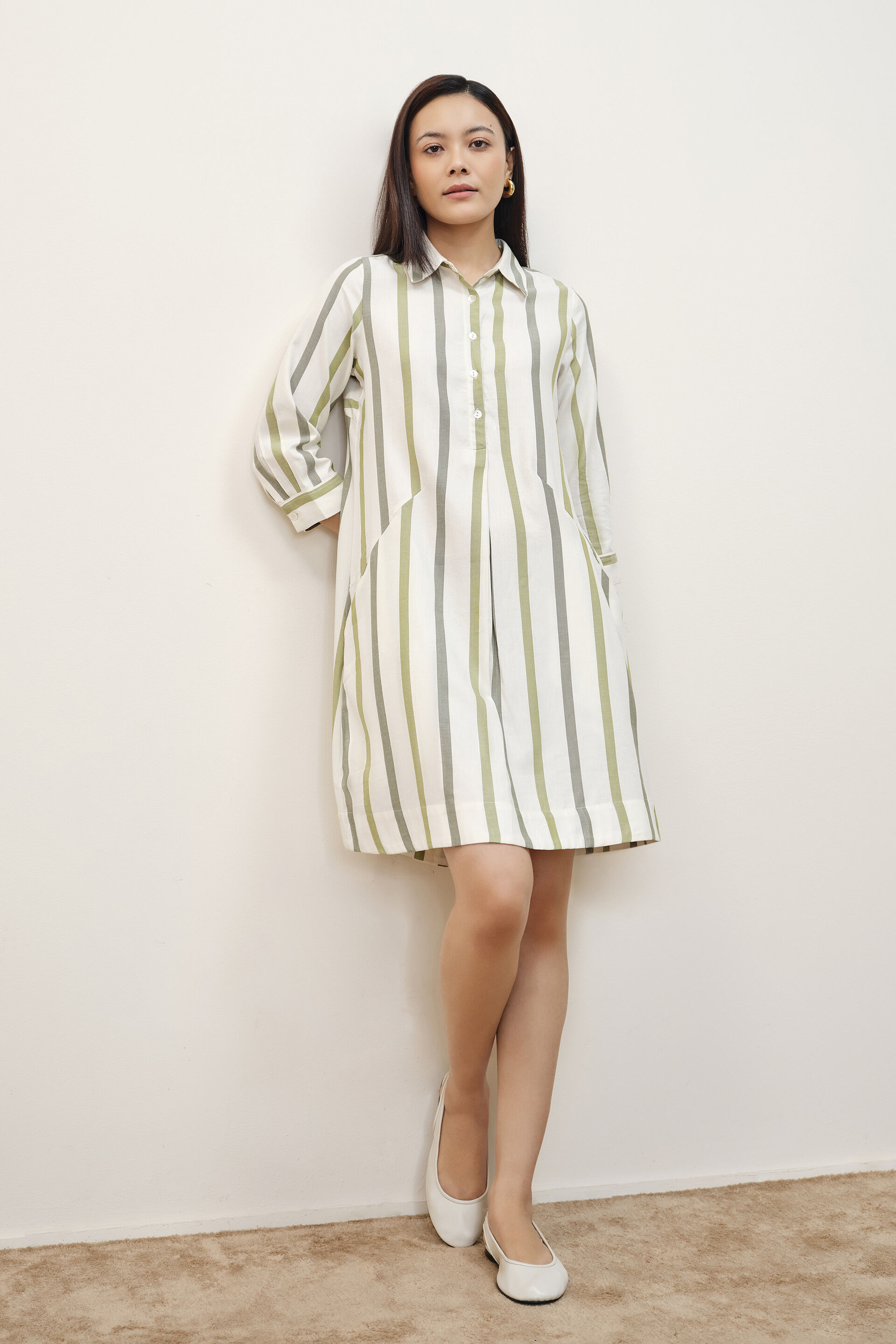 Olive & Cream Striped Dress, Green, image 5